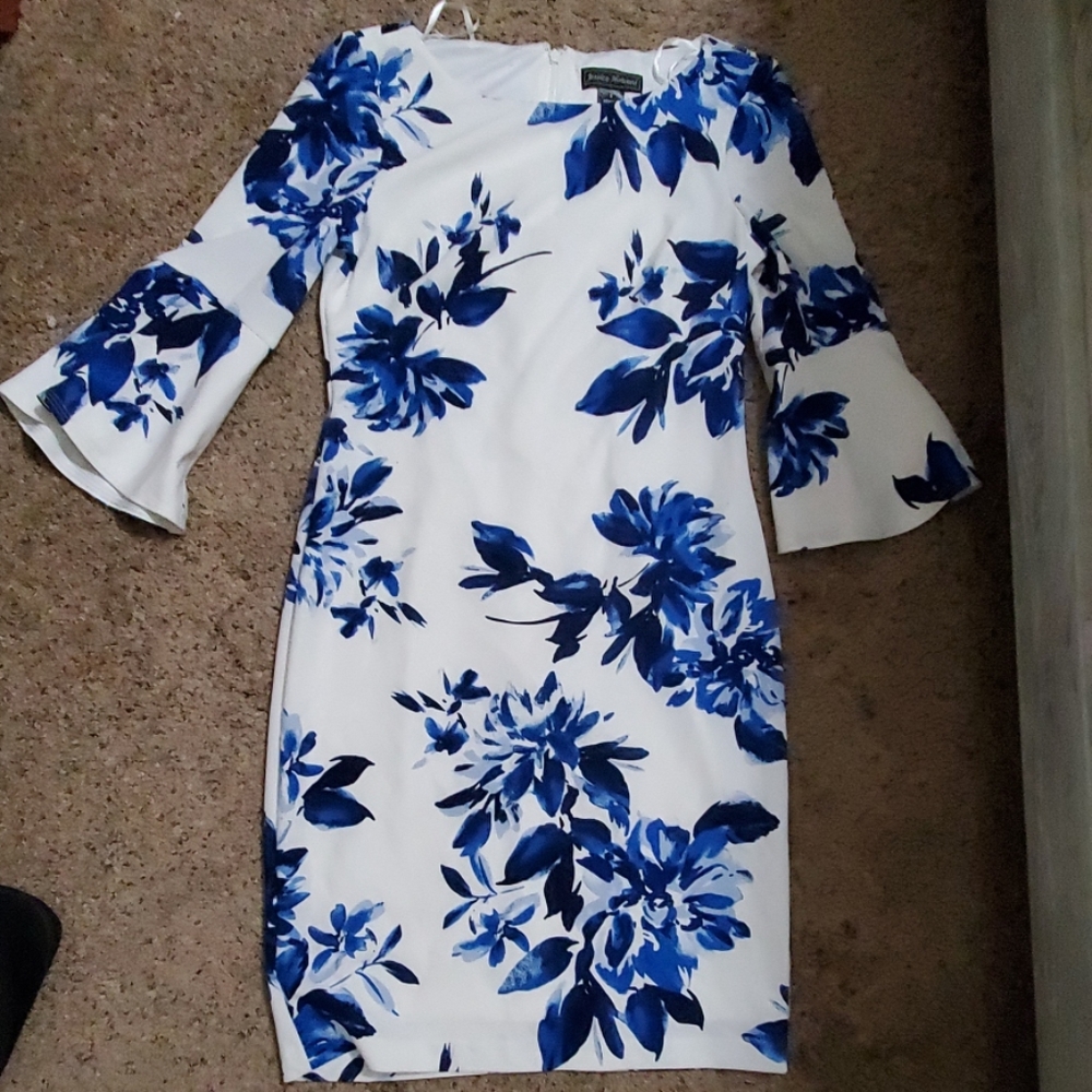 Brand new white and blue dress with bell sleeves